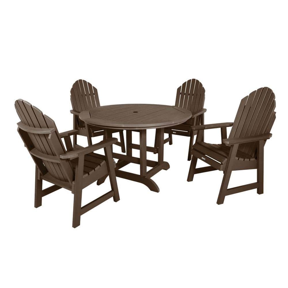 Five-piece brown recycled plastic outdoor dining set with a round table and four chairs.