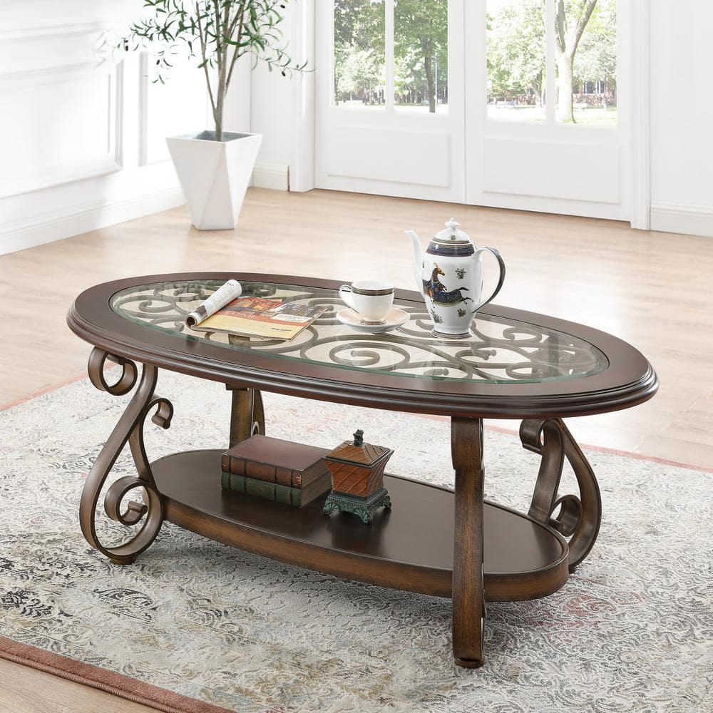 J&E Home 52.5 in. Dark Brown Glass Table Top Coffee Table with Powder Coat Finish Metal Legs -  GD-W48742160