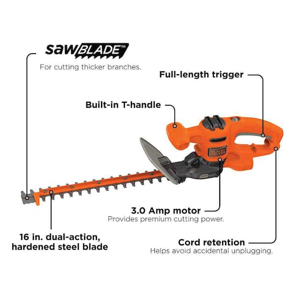 16 in. 3.0 Amp Corded Dual Action Electric Hedge Trimmer with Saw Blade Tip