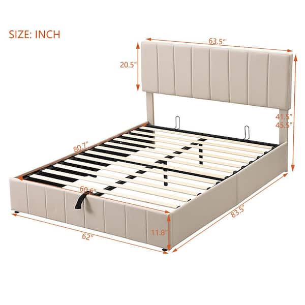 Beige Queen Size Upholstered Platform Bed with a Hydraulic Storage System