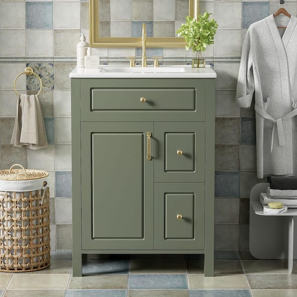 FAMYYT 24 in. Single Sink Freestanding Green Solid Wood Frame Bath Vanity with White Ceramic Top