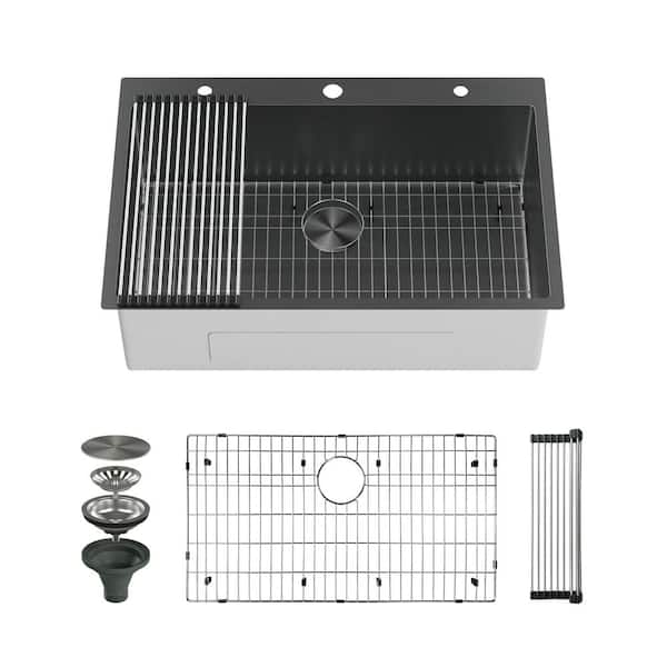 33 in. Drop-In 3-Hole Single Bowl 16-Gauge Gunmetal Black Stainless Steel R10 Round Corner Kitchen Sink with Accessories