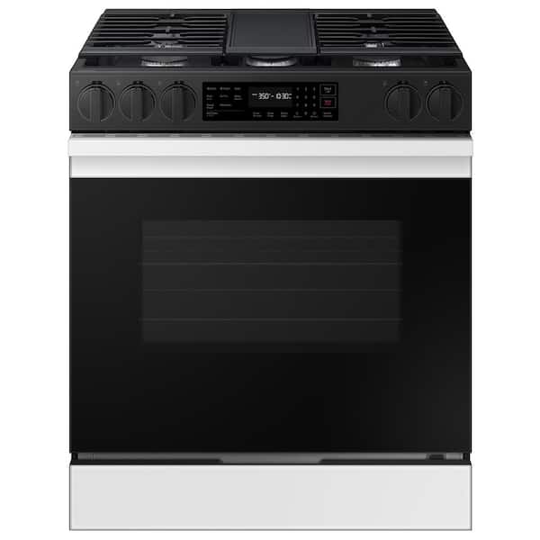 Samsung Bespoke 30 in. 6.0 cu. ft. 5 Burner Smart Slide-In Gas Range with Air Fry & Safety Knobs in White Glass