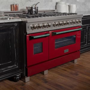 48 in. 7 Burner Double Oven Dual Fuel Range with Red Gloss Door in Fingerprint Resistant Stainless Steel