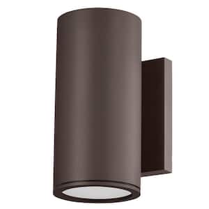 Perry 4.5 in. 2-Light Textured Bronze Outdoor Cylinder Wall Sconce with Clear Etched Glass Diffuser