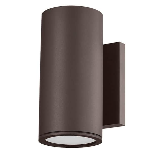 Troy Lighting Perry 4.5 in. 2-Light Textured Bronze Outdoor Cylinder Wall Sconce with Clear Etched Glass Diffuser