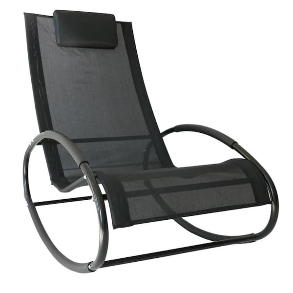 Outsunny Rocking Steel Sling Patio Lounge Chair in Black Orbital Zero Gravity Seat Pool Chaise with Pillow