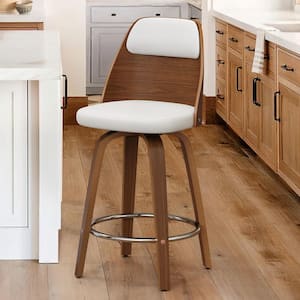 Edward 26 in. White Faux Leather Swivel Bar Stool Solid Walnut Frame Counter Height Bar Stool