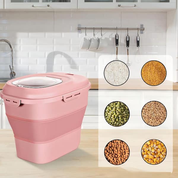 1-Piece Cereal Rice Food Storage Containers with Rolling Wheel, Plastic Leakproof Sealable Large Pantry Holder, Pink
