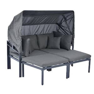 3-Piece Grey Metal Outdoor Day Bed Sectional Sofa Set with Retractable Canopy and Grey Cushions