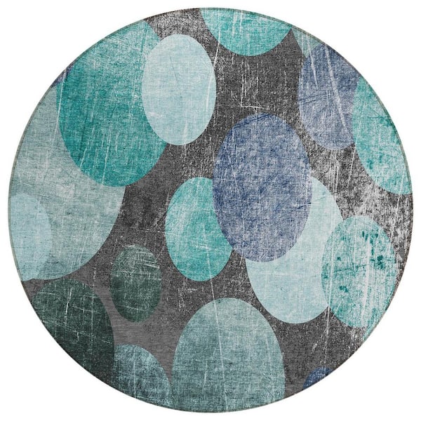 8' Blue Grey Machine Woven Uv Treated Animal Print Indoor Outdoor Round Area Rug