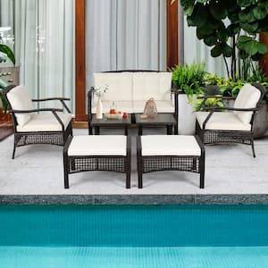 7-Pieces Wicker Patio Conversation Set Sofas Loveseat Yard with Waterproof Cover and White Cushions