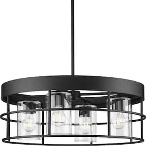 Burgess Collection 24 in. 4-Light Matte Black Modern Farmhouse Chandelier with Clear Seeded Glass Shades