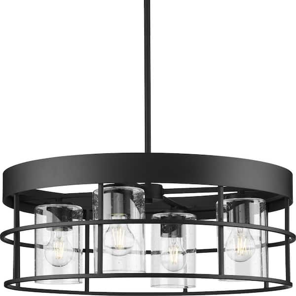 Progress Lighting Burgess Collection 24 in. 4-Light Matte Black Modern Farmhouse Chandelier with Clear Seeded Glass Shades
