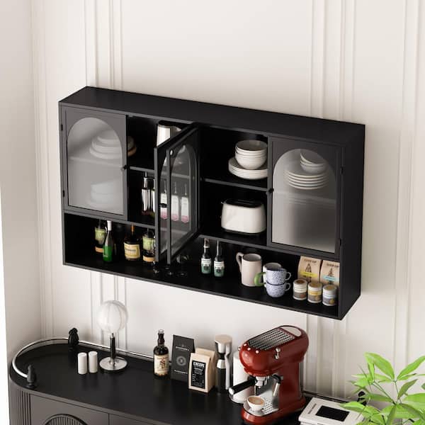 Tatahance 3-Shelf Black Metal Wall-Mounted Cabinet Storage Pantry Organizer with Glass Door