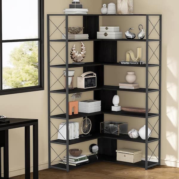 7-Shelf Corner Bookshelf, L-Shaped Bookcase Display Rack