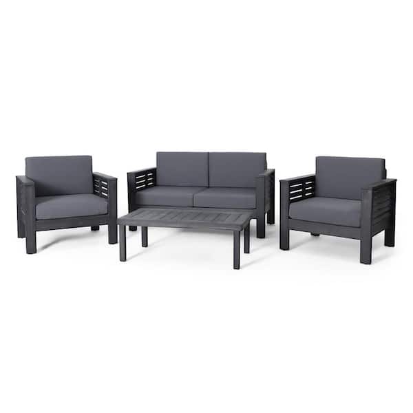 Noble House Michelle 4-Piece Wood Patio Conversation Set with Dark Gray Cushions