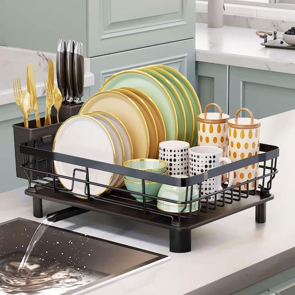 Countertop Dish Rack, Rust Resistant Iron with Automatic Drainage, Removable Cutlery Basket, Space Saving Design, Black