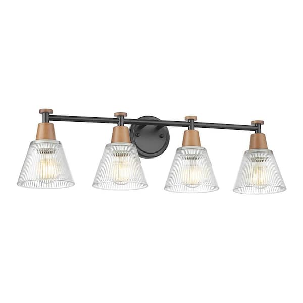 JAZAVA 30 in. 4-Light Black Finish and Wood Grain Paint Vanity Light with Striped Glass Shade