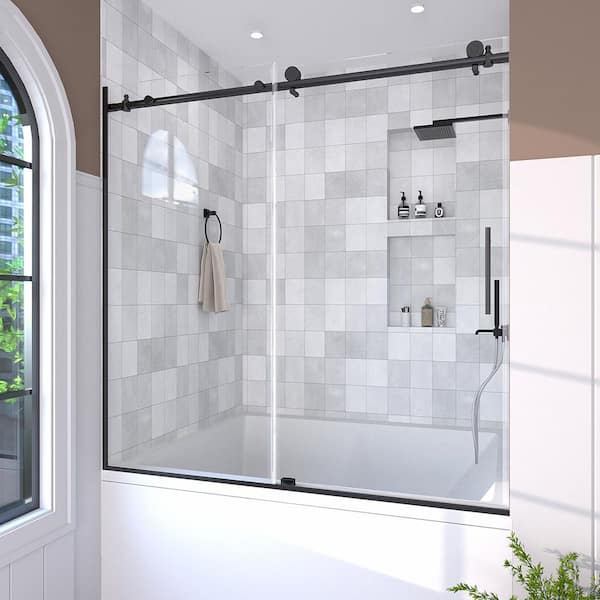 Vetra 60 in. W x 60 in. H Sliding Framed Tub Door in Matte Black Finish with Clear Glass