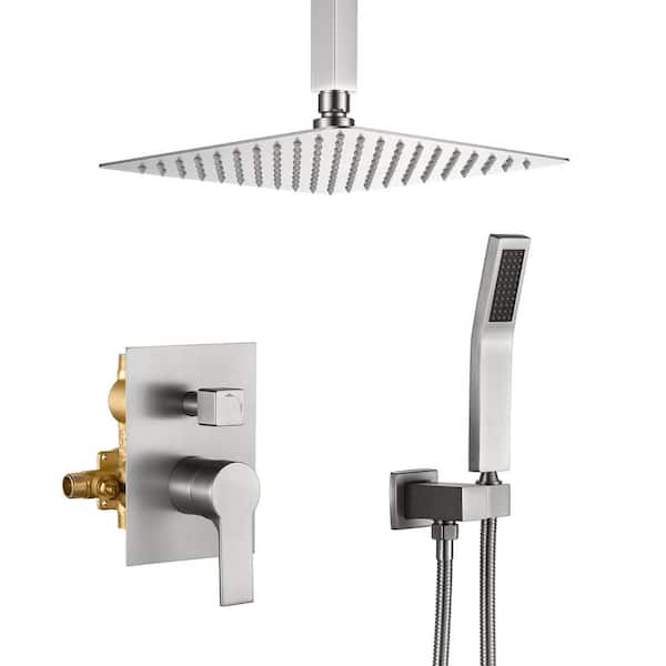 Vara 2-spray Ceiling Mount 10 in. Dual Shower Head and Handheld Shower Head 2 GPM in Brushed Nickel