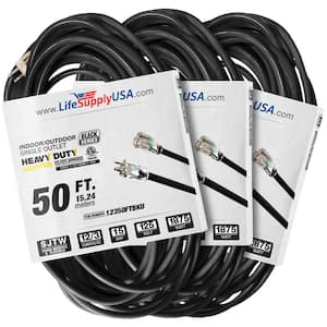 50 ft. 12-Gauge/3-Conductors SJTW Indoor/Outdoor Extension Cord with Lighted End Black (3-Pack)