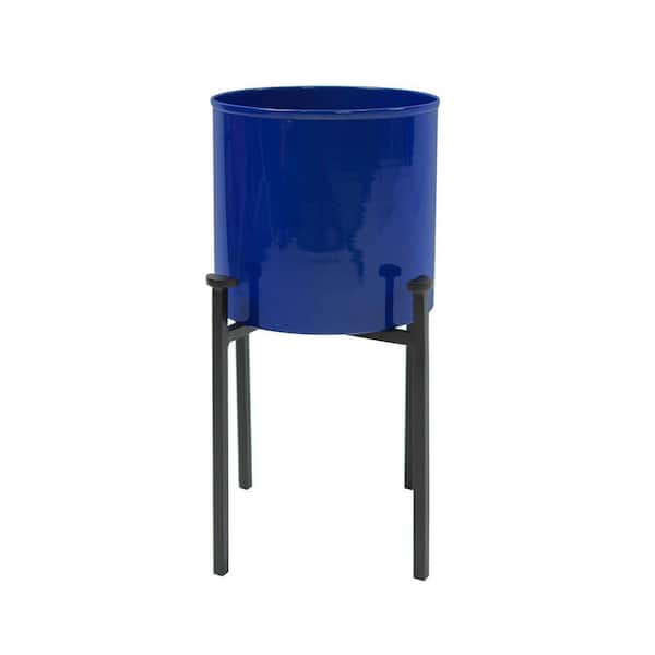15"H 8"W Cylinder French Blue Galvanized Steel Planter Pot w/Black Wrought Iron 4-Legged Plant Stand, Indoor Outdoor Use