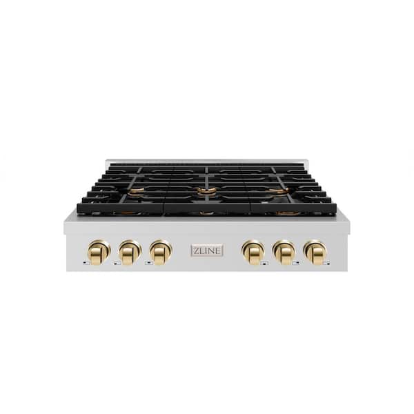 ZLINE Kitchen and Bath Autograph Edition Paramount 36 in. 6-Burner Porcelain Cooktop in Stainless Steel with Polished Gold Accents