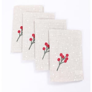 20 in. x 20 in. Holly Berry Branch Crewel Embroidered Christmas Napkins (Set of 4), Linen Blend