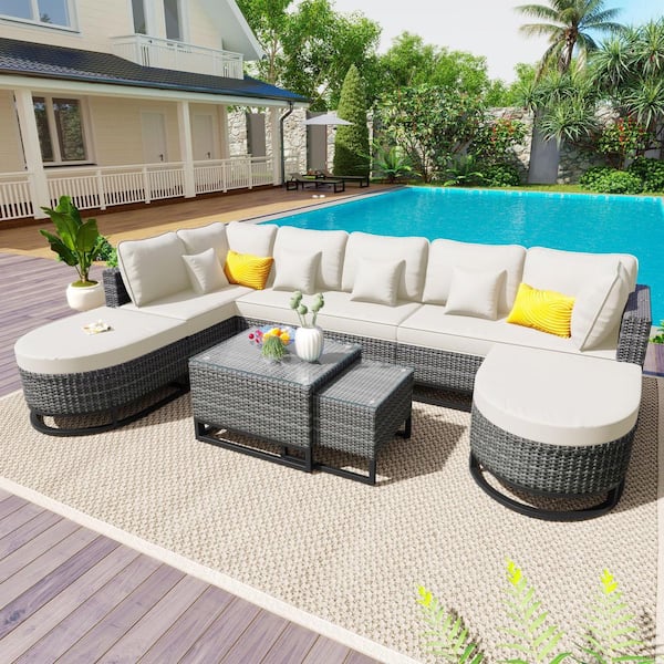 Elegant 7-Piece Wicker Outdoor Patio Conversation Sectional Sofa Set with Soft Beige Cushion and Coffee Table