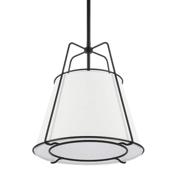 Home Decorators Collection Havenport 2-Light Matte Black Pendant with White Fabric Shade