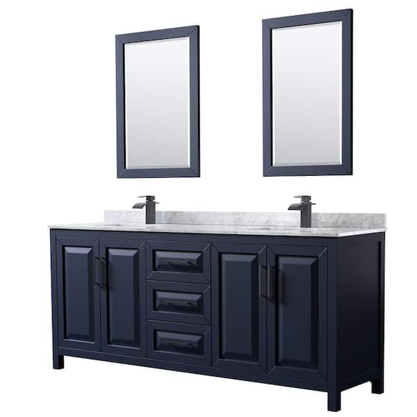 Wyndham Collection Daria 80 in. W x 22 in. D x 35.75 in. H Double Bath Vanity in Dark Blue with White Carrara Marble Top and 24 in. Mirrors