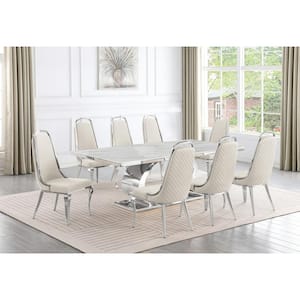 Ibraim 9-Piece Rectangle White Marble Top with Stainless Steel Base Dining Set with 8 Cream Velvet Chrome Iron Chair