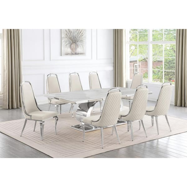Best Quality Furniture Ibraim 9-Piece Rectangle White Marble Top with Stainless Steel Base Dining Set with 8 Cream Velvet Chrome Iron Chair