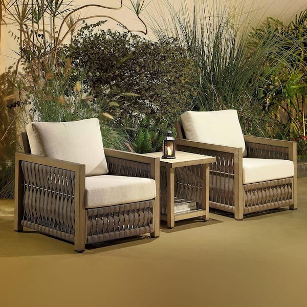 3-Piece Gray Oak Aluminum Rope Weave Patio Conversation Set Wicker Patio Bistro Set with Side Table and Cream Cushions