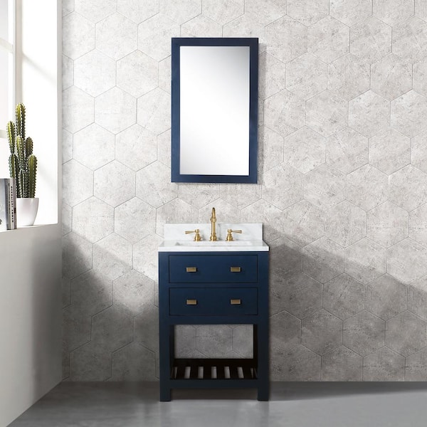 Water Creation Madalyn 24 in. W Bath Vanity in Monarch Blue with Marble Vanity Top in Carrara White with White Basin(s) and Mirror