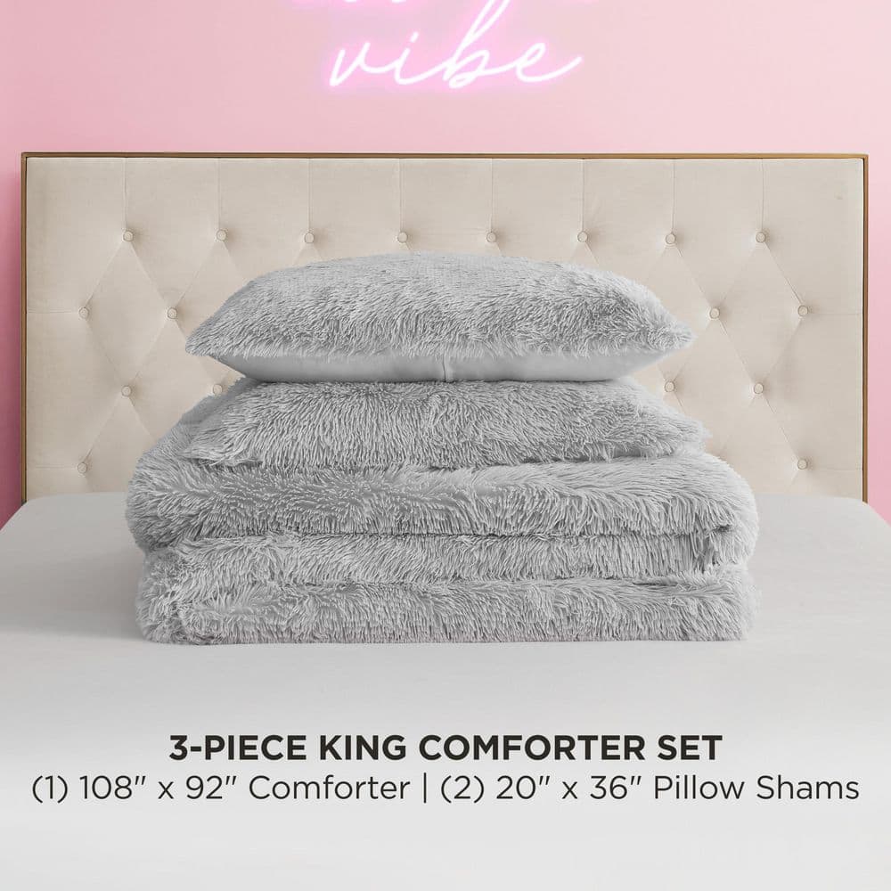 Gray Faux Fur King Comforter Set with Shams