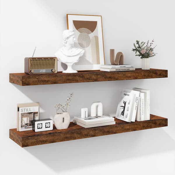 Unbranded 36 in. W x 8 in. D Rustic Brown Floating Decorative Wall Shelf (Set-2)