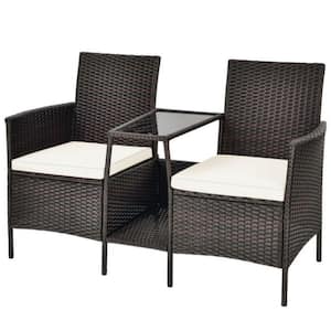 1-Piece Rattan Wicker Patio Conversation Loveseat Set with White Cushions and Glass Table