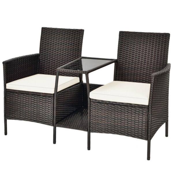 Alpulon 1-Piece Rattan Wicker Patio Conversation Loveseat Set with White Cushions and Glass Table