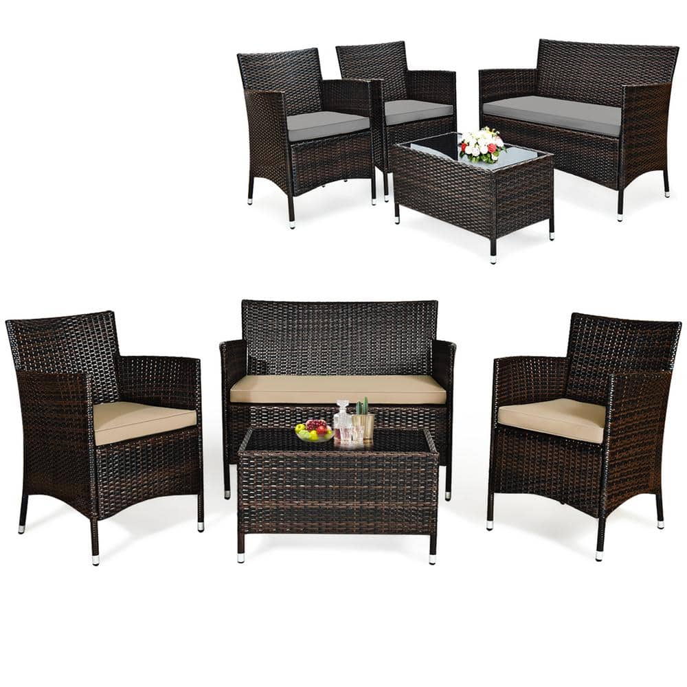 Costway 4Piece Wicker Patio Conversation Furniture Set Sofa Chair with
