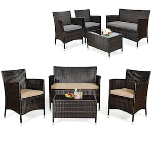 4-Piece Wicker Patio Conversation Furniture Set Sofa Chair with Brown and Grey Cushions Garden