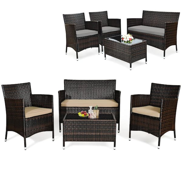 Costway 4-Piece Wicker Patio Conversation Furniture Set Sofa Chair with Brown and Grey Cushions Garden