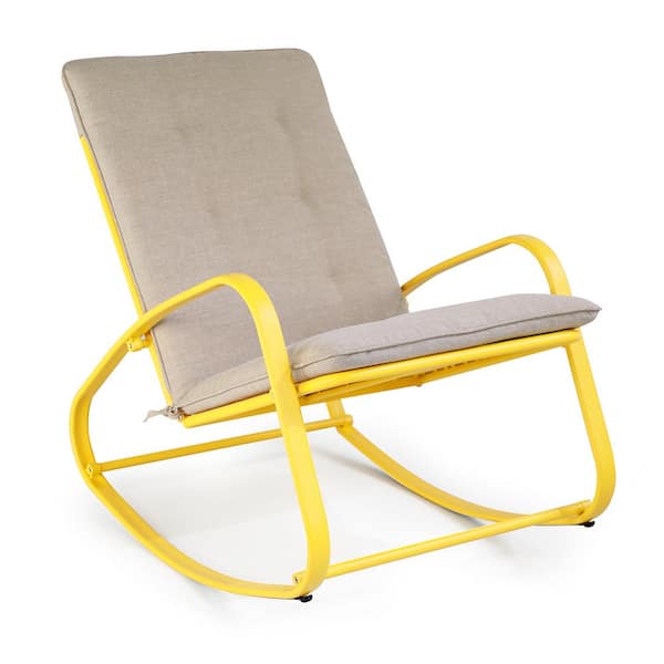 Freestyle Metal Yellow Outdoor Rocking Chair with Beige  Cushions
