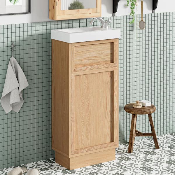 15.75 in. Single Sink Brown Bath Vanity with White Resin Top and Adjustable Shelf, Push-to-Open Door, Unassembled