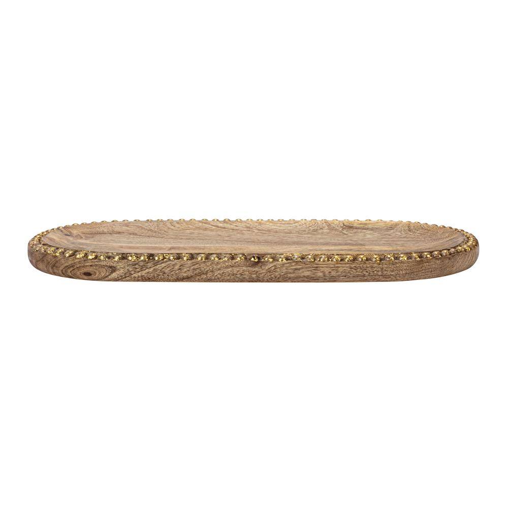 Hand-Carved Mango Wood Oval Tray with Gold Beads