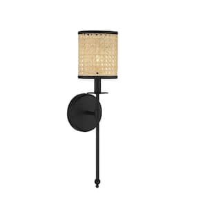 Jaylar 5 in. W x 20 in. H 1-Light Matte Black Wall Sconce with Woven Cane Shade