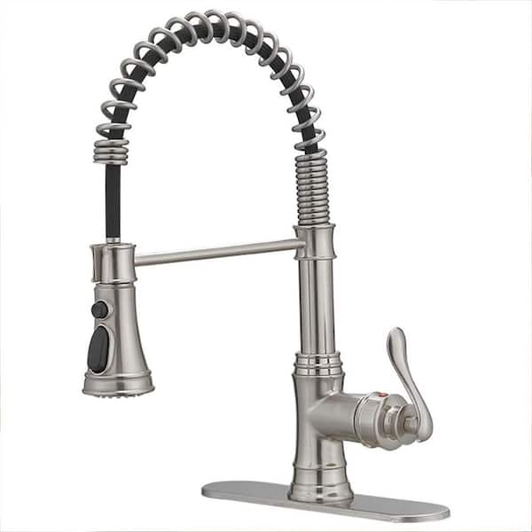 FLG Single-Handle Deck Mount Brass Gooseneck Commercial Pull Down Sprayer Kitchen Faucet with Deckplate in Brushed Nickel