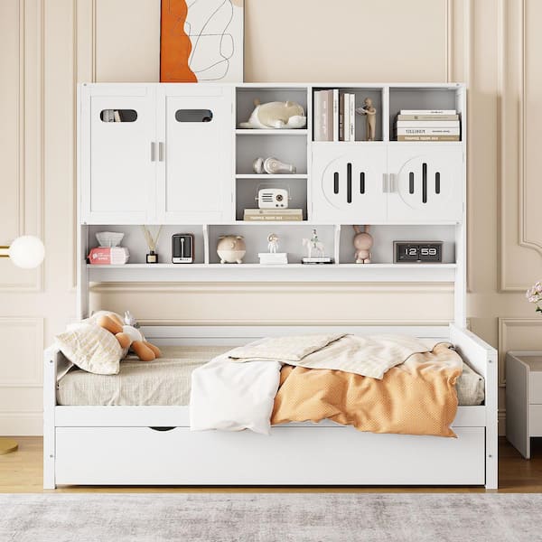 Harper & Bright Designs Multifunctional Twin Size White Wood Daybed with Twin Size Trundle, All-in-One Cabinet and Shelves