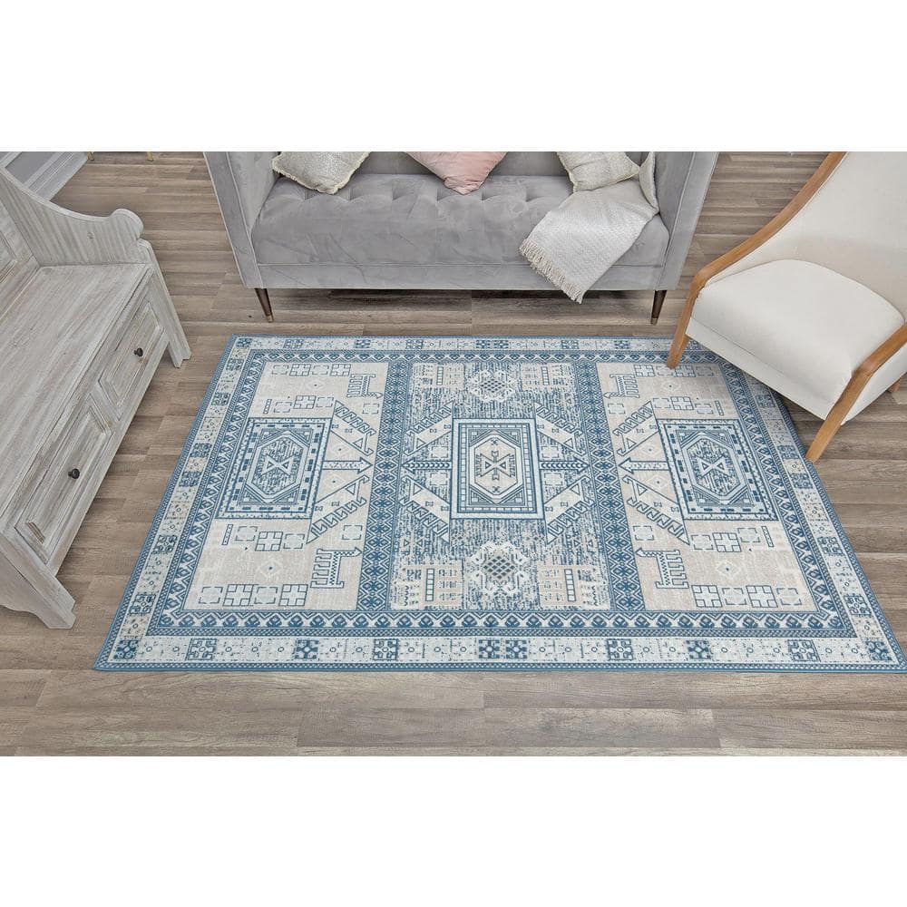 Azure Elegance 5' x 7' Reversible Blue Synthetic Area Rug